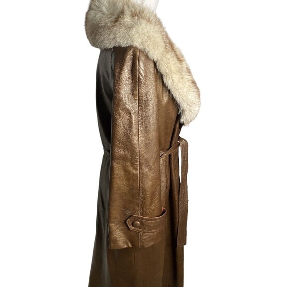 Dan Di Modes Womens Vtg Leather Jacket Fur Collar Long With Belt Sz 16 Trench - Picture 3 of 12